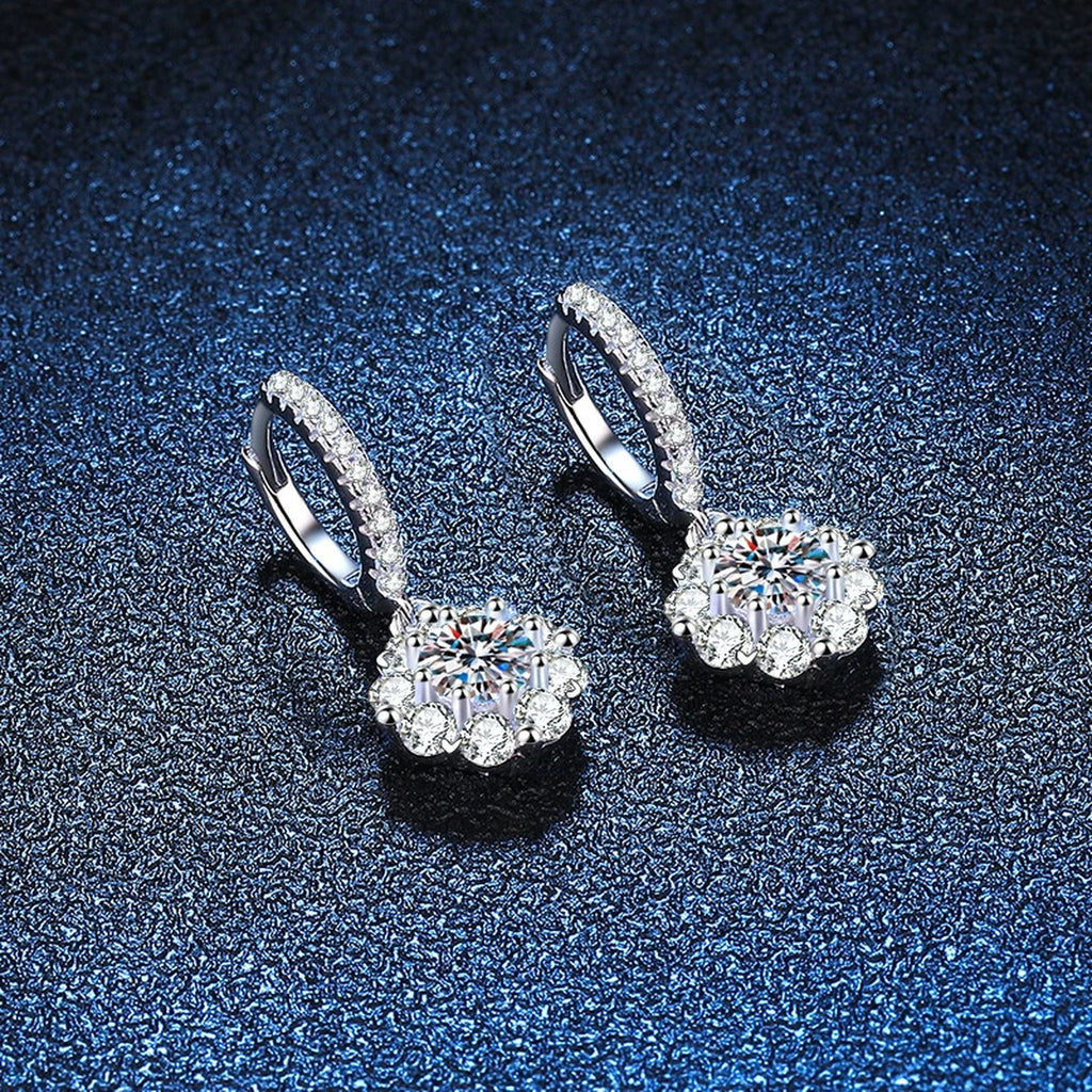 Round Halo Moissanite Hoop Drop Earrings with CZ in White Gold-Plated S925 blue scene close-up view