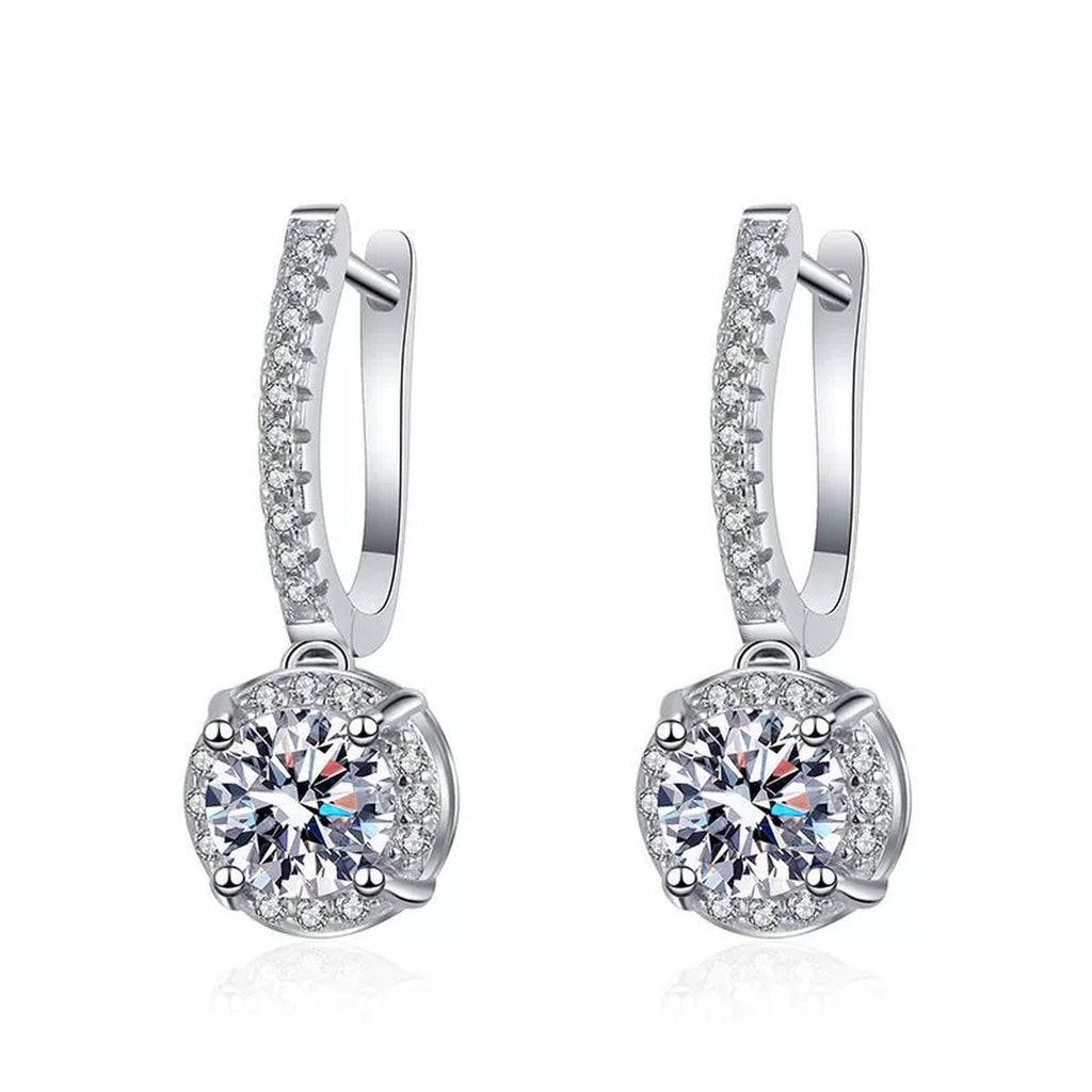 Classic Round Moissanite Hoop Drop Earrings with CZ in White Gold-Plated S925 on clean white background showing the pair and classic pavé hoop earrings with round moissanite drops