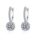 Classic Round Moissanite Hoop Drop Earrings with CZ in White Gold-Plated S925 on clean white background showing the pair and classic pavé hoop earrings with round moissanite drops