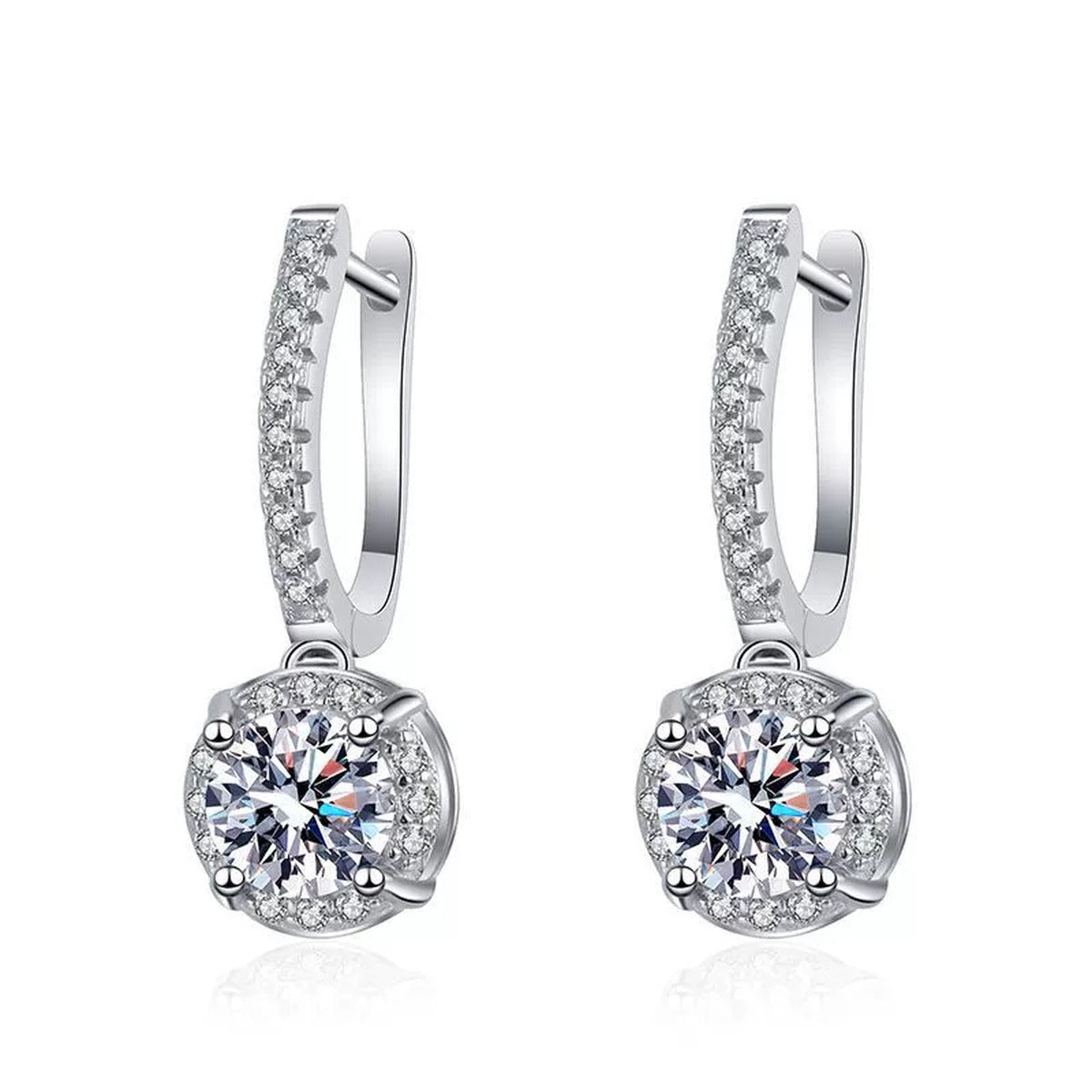 Classic Round Moissanite Hoop Drop Earrings with CZ in White Gold-Plated S925 on clean white background showing the pair and classic pavé hoop earrings with round moissanite drops