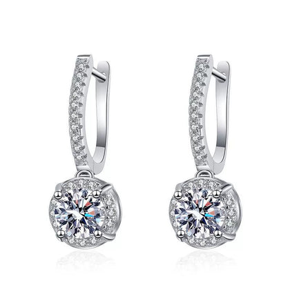 Classic Round Moissanite Hoop Drop Earrings with CZ in White Gold-Plated S925 on clean white background showing the pair and classic pavé hoop earrings with round moissanite drops