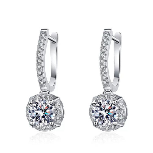 Classic Round Moissanite Hoop Drop Earrings with CZ in White Gold-Plated S925 on clean white background showing the pair and classic pavé hoop earrings with round moissanite drops