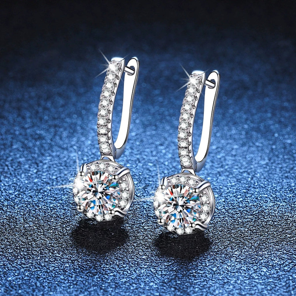 Classic Round Moissanite Hoop Drop Earrings with CZ in White Gold-Plated S925 blue scene product view