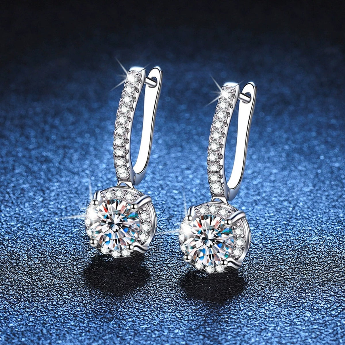 Classic Round Moissanite Hoop Drop Earrings with CZ in White Gold-Plated S925 blue scene product view