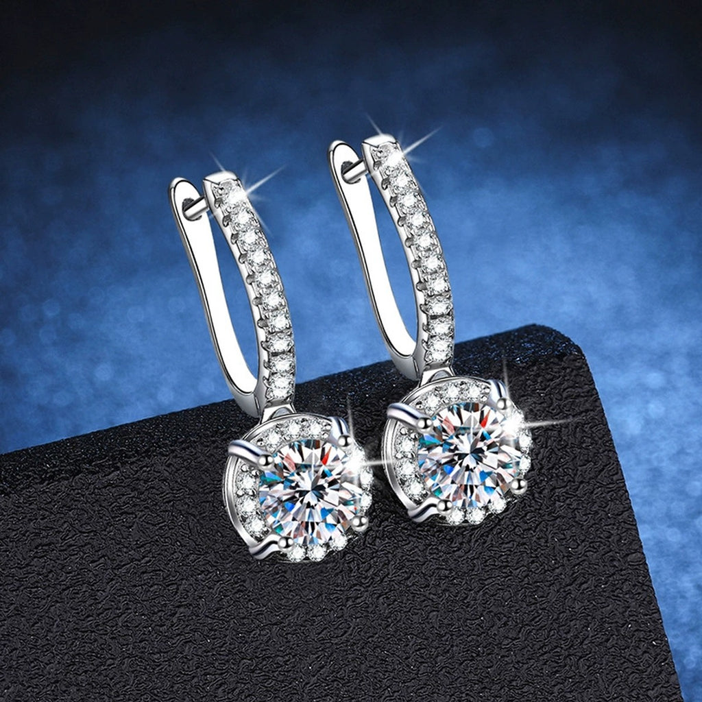 Classic Round Moissanite Hoop Drop Earrings with CZ in White Gold-Plated S925 blue scene angled view
