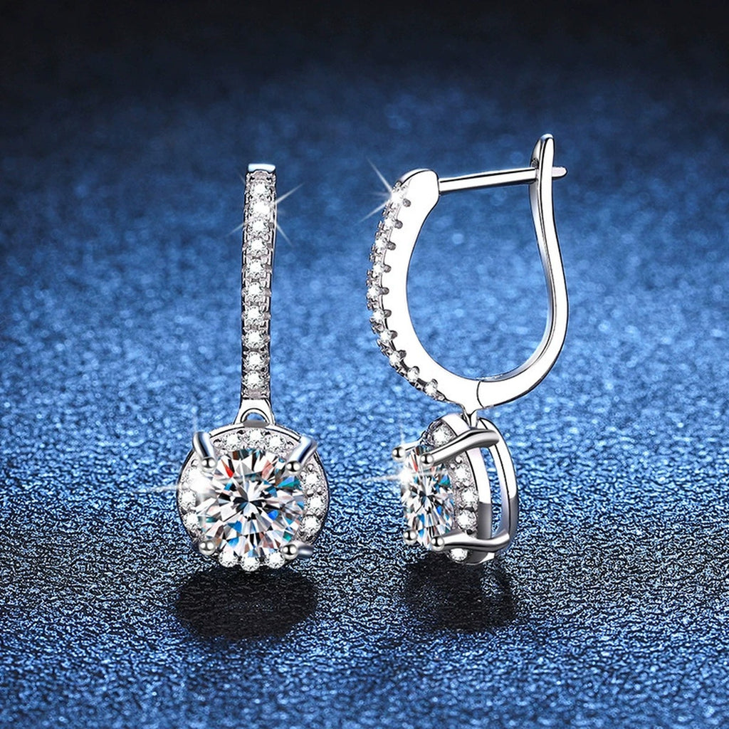 Classic Round Moissanite Hoop Drop Earrings with CZ in White Gold-Plated S925 blue scene close-up view