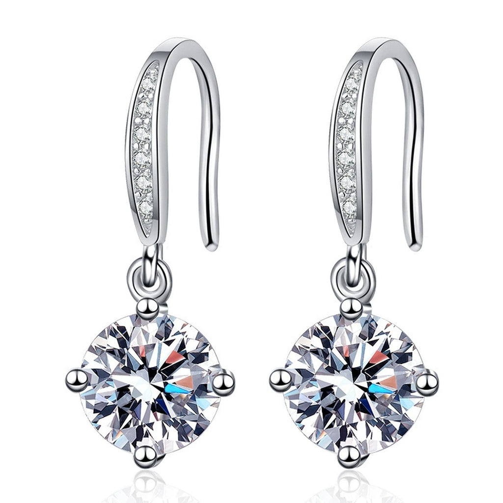 Floral Moissanite Drop Earrings with CZ in White Gold-Plated S925 on clean white background showing the pair and floral cluster drop earrings with a round moissanite center