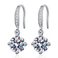 Floral Moissanite Drop Earrings with CZ in White Gold-Plated S925 on clean white background showing the pair and floral cluster drop earrings with a round moissanite center