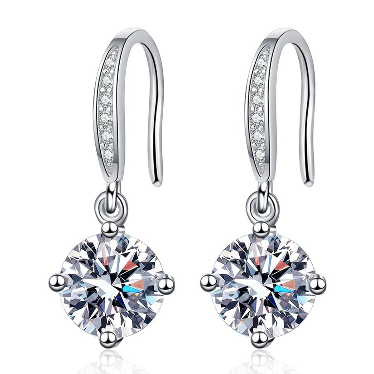 Floral Moissanite Drop Earrings with CZ in White Gold-Plated S925 on clean white background showing the pair and floral cluster drop earrings with a round moissanite center