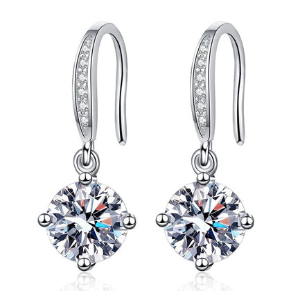 Floral Moissanite Drop Earrings with CZ in White Gold-Plated S925 on clean white background showing the pair and floral cluster drop earrings with a round moissanite center