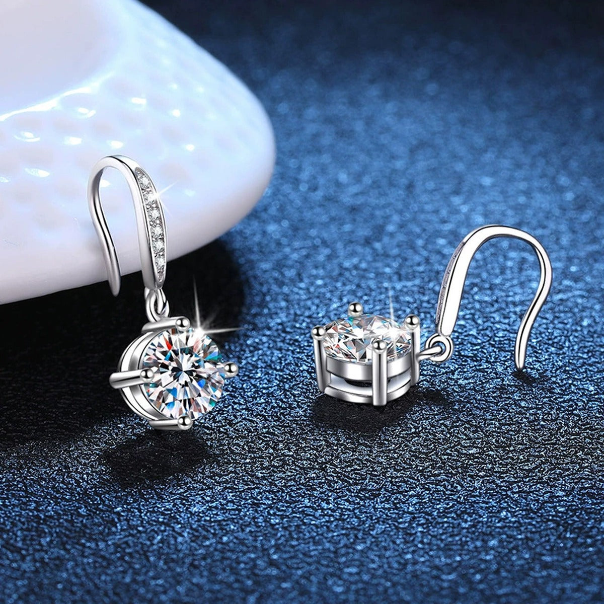 Floral Moissanite Drop Earrings with CZ in White Gold-Plated S925 blue scene product view