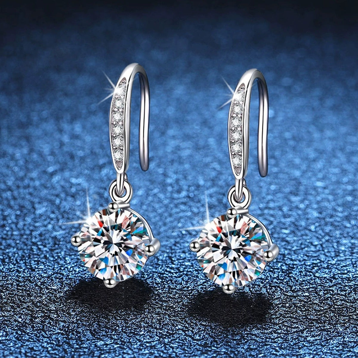 Floral Moissanite Drop Earrings with CZ in White Gold-Plated S925 blue scene angled view