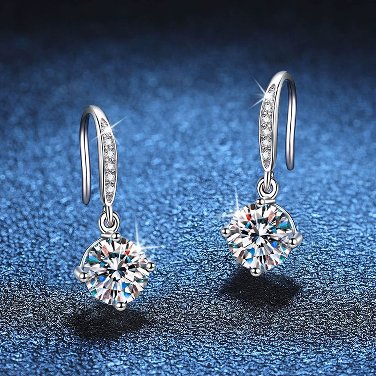 Floral Moissanite Drop Earrings with CZ in White Gold-Plated S925 blue scene close-up view