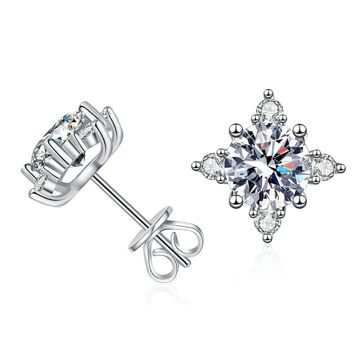 Four-Point Moissanite Stud Earrings with CZ in White Gold-Plated S925 on clean white background showing the pair and four-point halo stud earrings with a round moissanite center