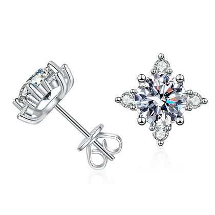 Four-Point Moissanite Stud Earrings with CZ in White Gold-Plated S925 on clean white background showing the pair and four-point halo stud earrings with a round moissanite center
