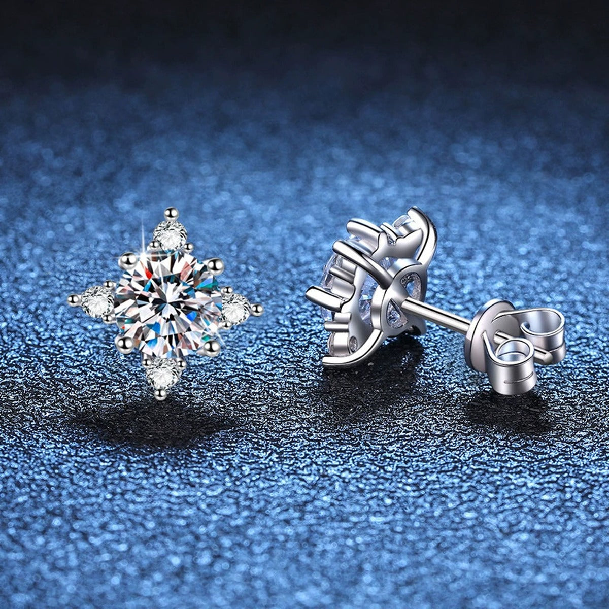Four-Point Moissanite Stud Earrings with CZ in White Gold-Plated S925 blue scene angled view