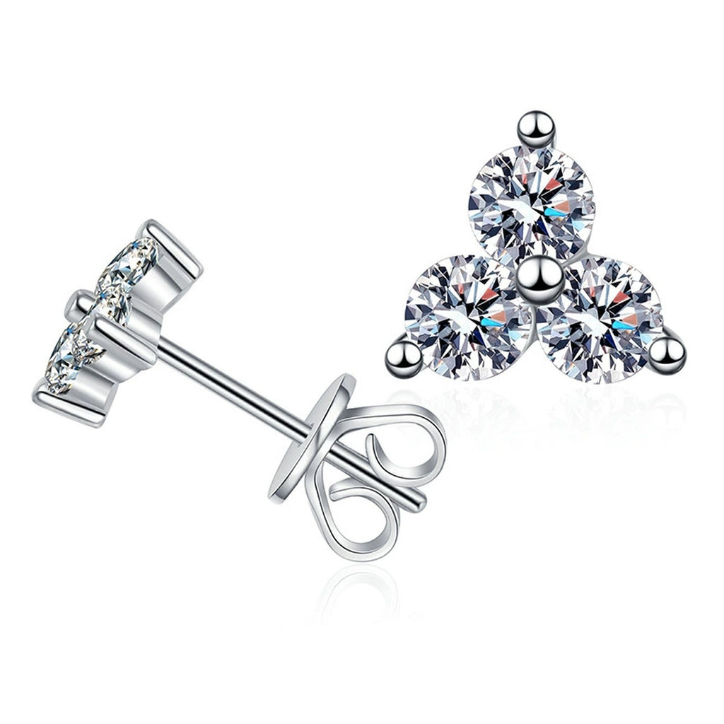 Triangle Cluster Moissanite Stud Earrings with CZ in White Gold-Plated S925 on clean white background showing the pair and triangular cluster stud earrings with three round moissanite points