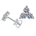 Triangle Cluster Moissanite Stud Earrings with CZ in White Gold-Plated S925 on clean white background showing the pair and triangular cluster stud earrings with three round moissanite points