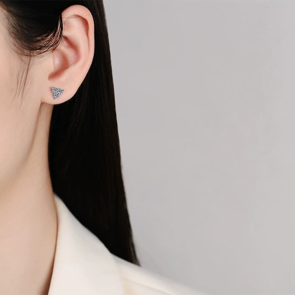 Triangle Cluster Moissanite Stud Earrings with CZ in White Gold-Plated S925 worn on ear by model
