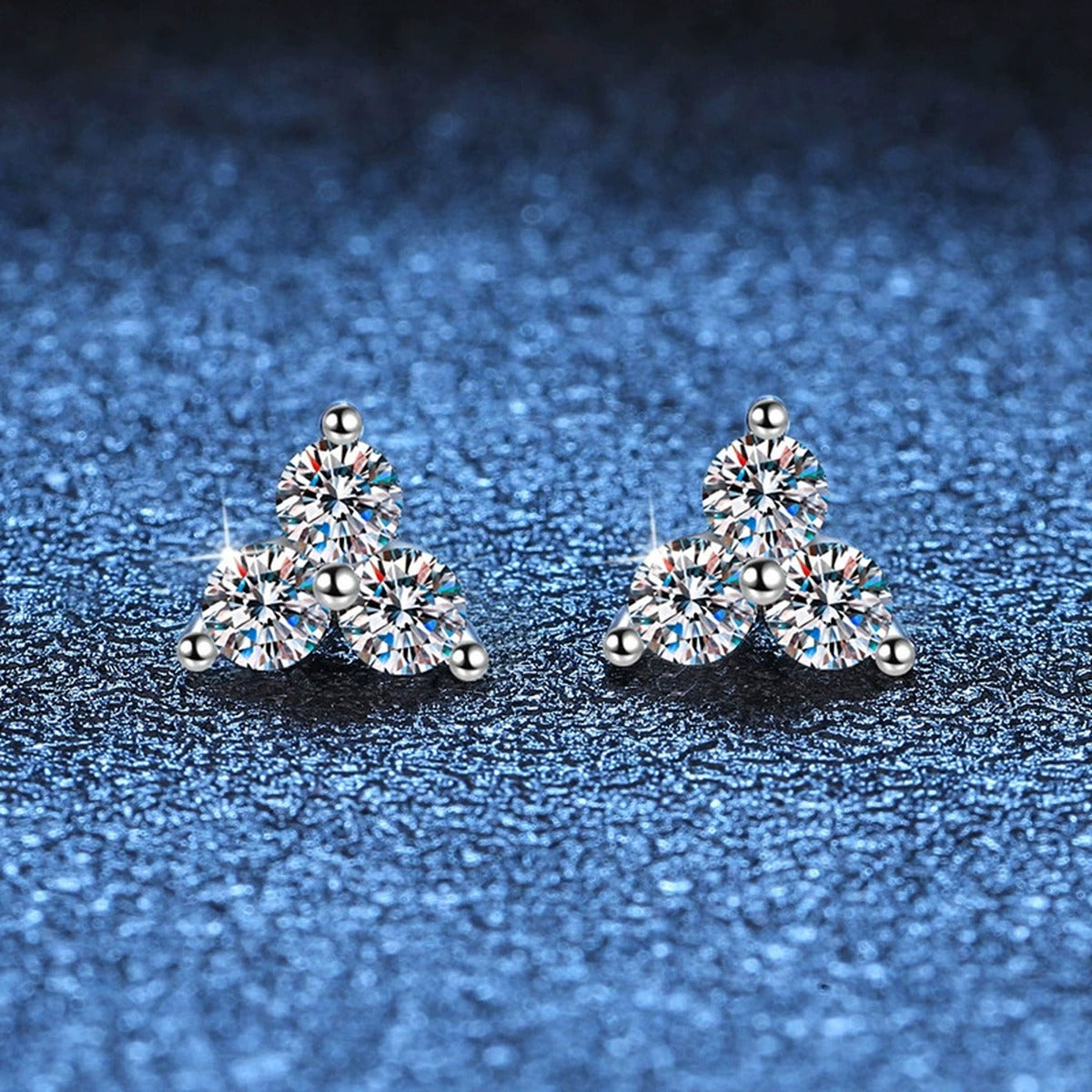 Triangle Cluster Moissanite Stud Earrings with CZ in White Gold-Plated S925 blue scene product view