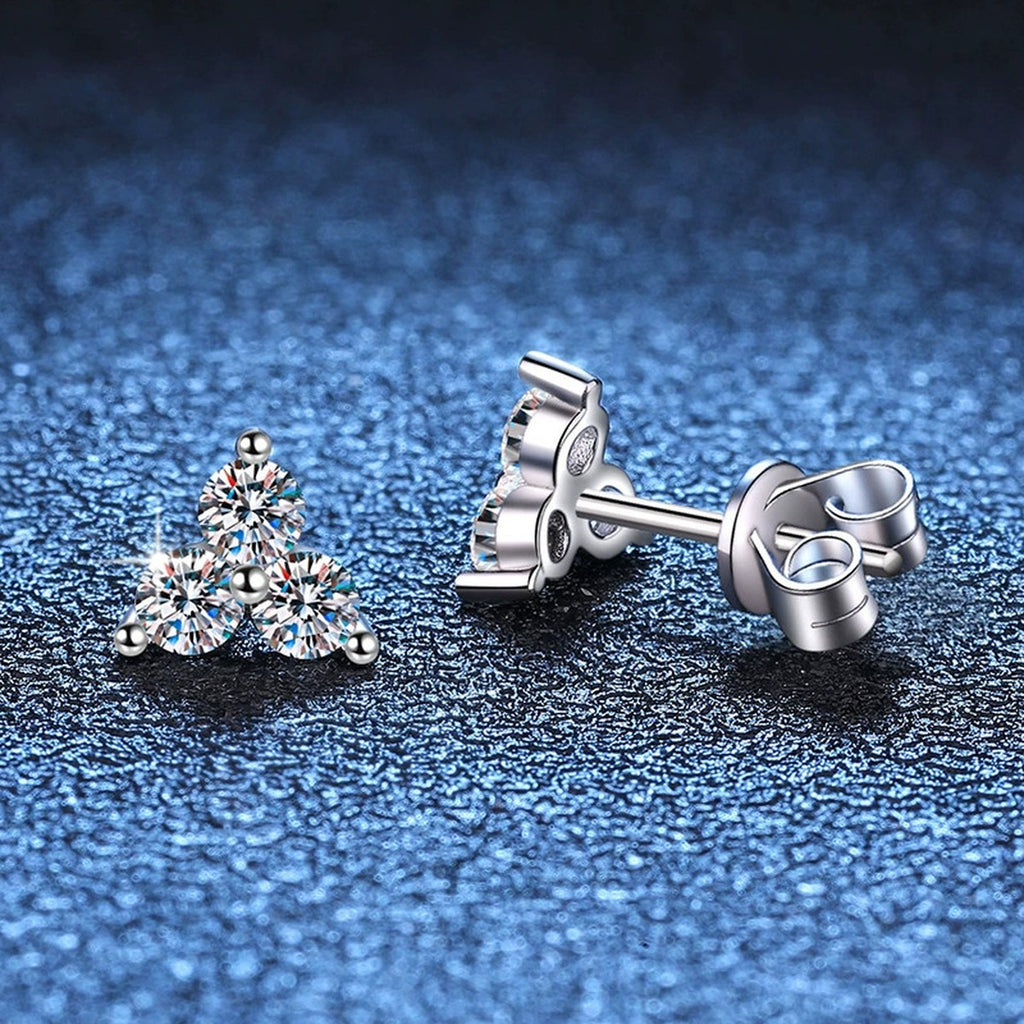 Triangle Cluster Moissanite Stud Earrings with CZ in White Gold-Plated S925 blue scene angled view