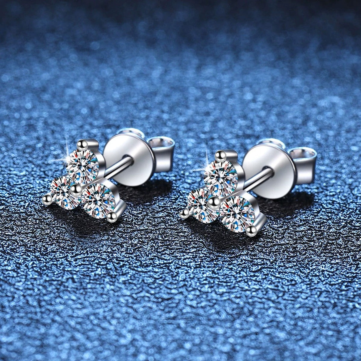 Triangle Cluster Moissanite Stud Earrings with CZ in White Gold-Plated S925 blue scene close-up view