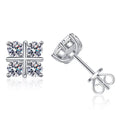 Square Cluster Moissanite Stud Earrings with CZ in White Gold-Plated S925 on clean white background showing the pair and square cluster stud earrings with four moissanite sections