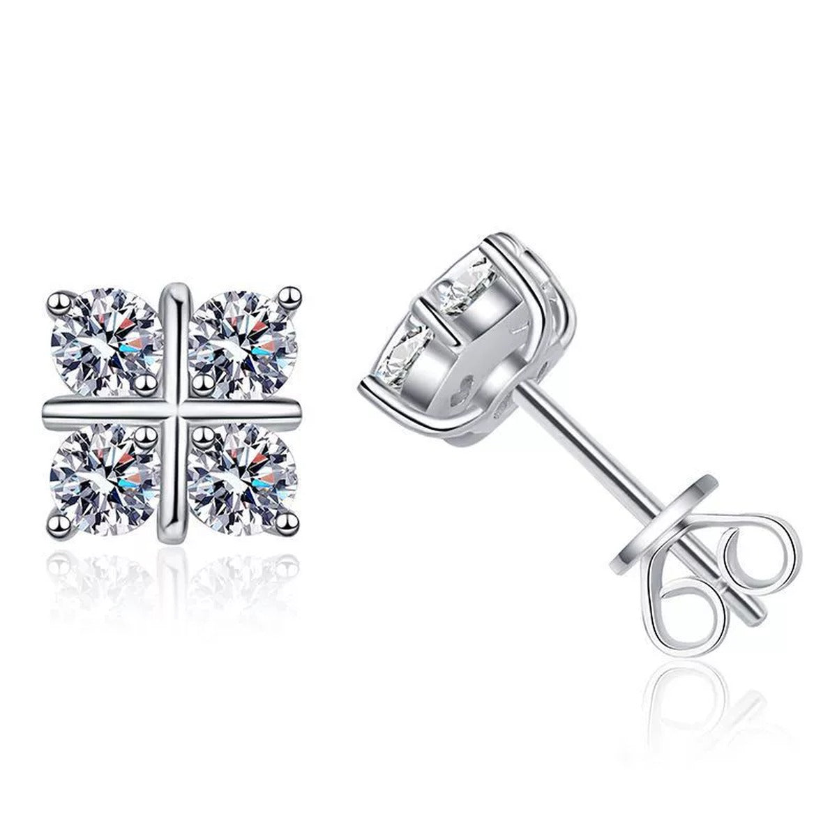 Square Cluster Moissanite Stud Earrings with CZ in White Gold-Plated S925 on clean white background showing the pair and square cluster stud earrings with four moissanite sections