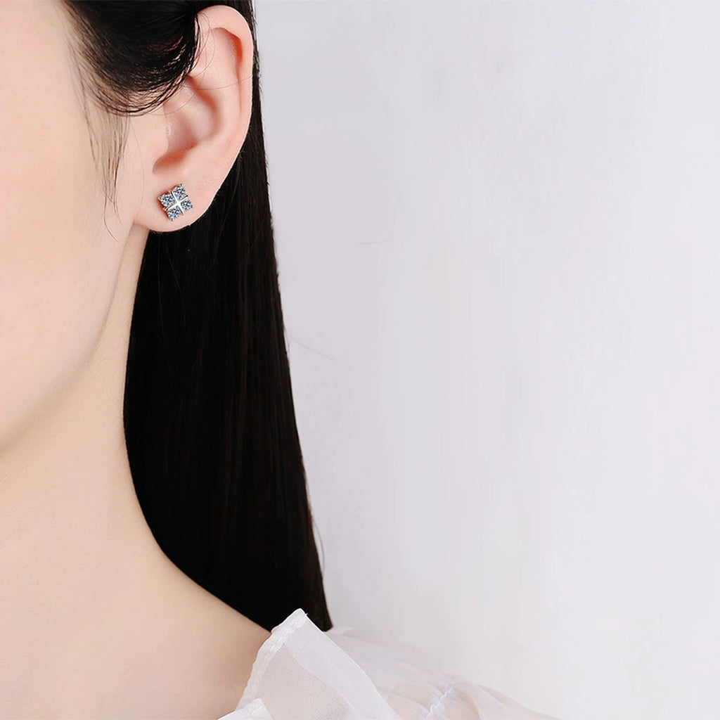 Square Cluster Moissanite Stud Earrings with CZ in White Gold-Plated S925 worn on ear by model