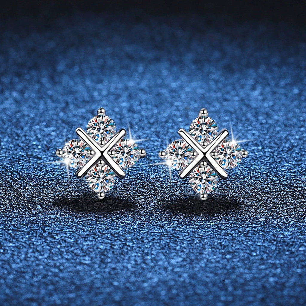 Square Cluster Moissanite Stud Earrings with CZ in White Gold-Plated S925 blue scene product view