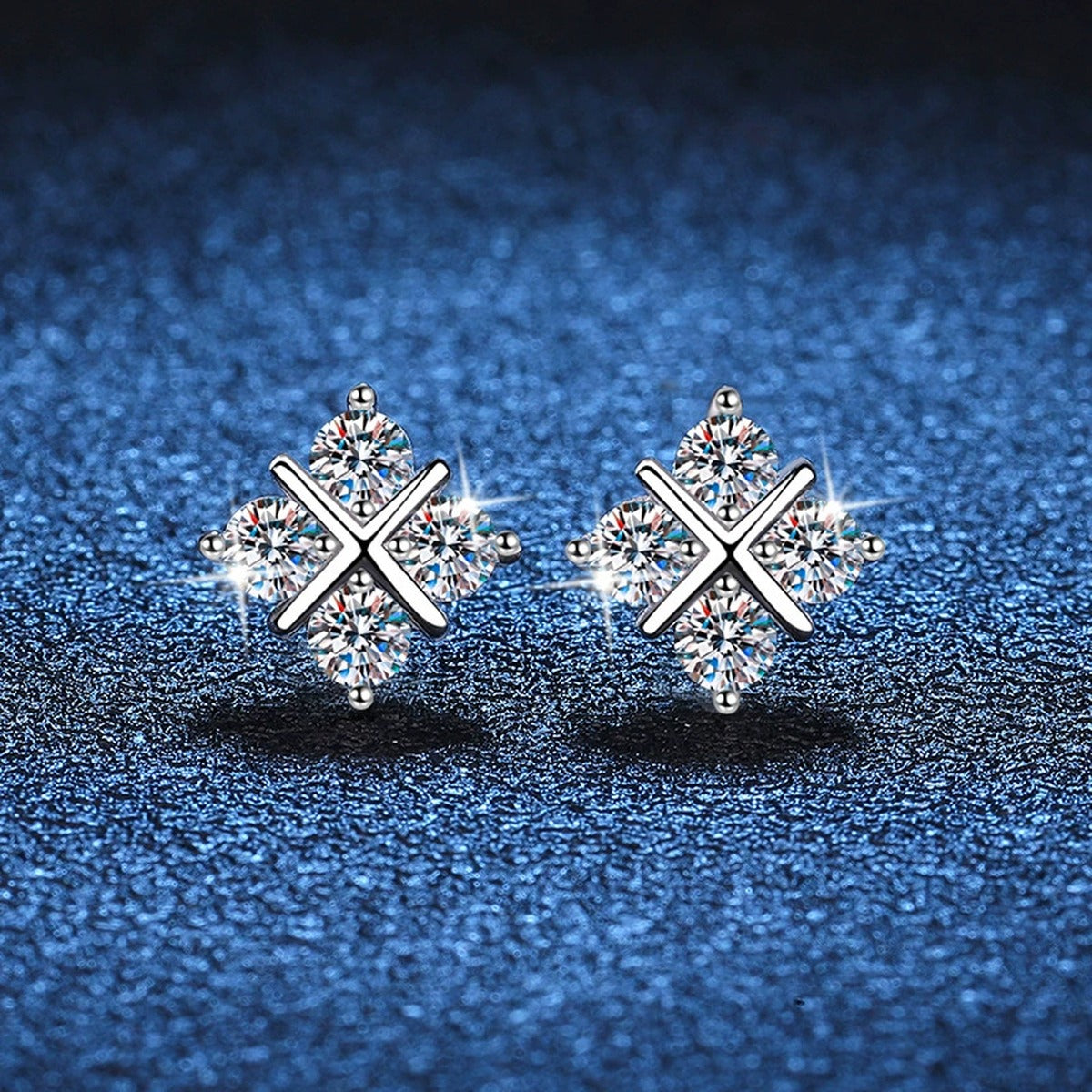 Square Cluster Moissanite Stud Earrings with CZ in White Gold-Plated S925 blue scene product view