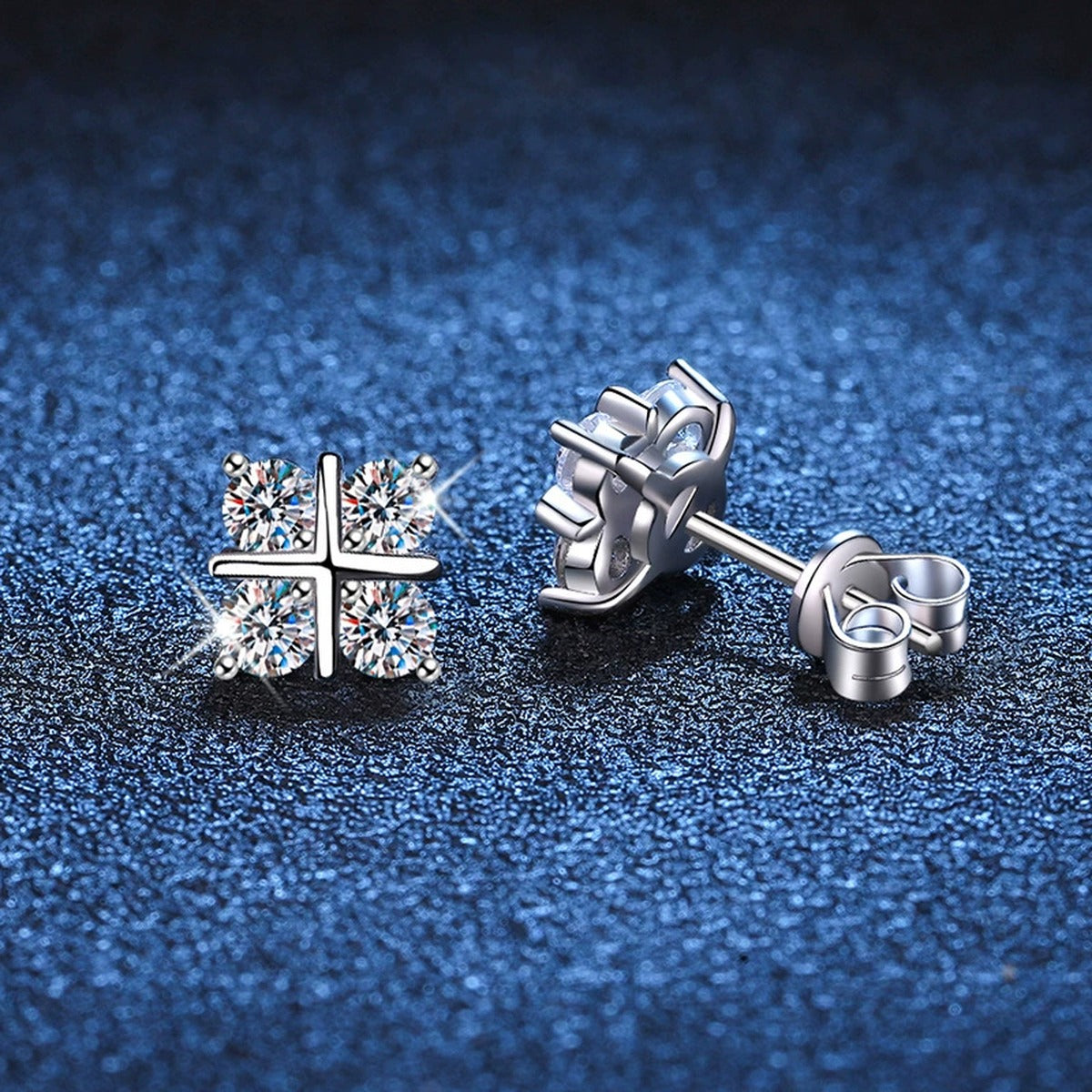Square Cluster Moissanite Stud Earrings with CZ in White Gold-Plated S925 blue scene angled view