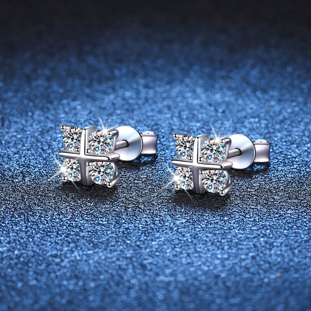 Square Cluster Moissanite Stud Earrings with CZ in White Gold-Plated S925 blue scene close-up view