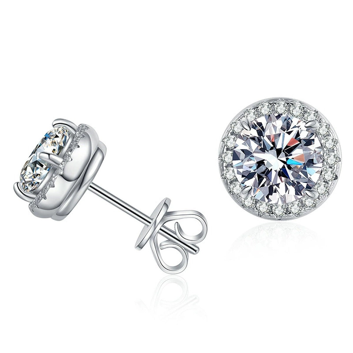 Round Bezel Moissanite Stud Earrings with CZ in White Gold-Plated S925 on clean white background showing the pair and round bezel-style stud earrings with a bright moissanite center