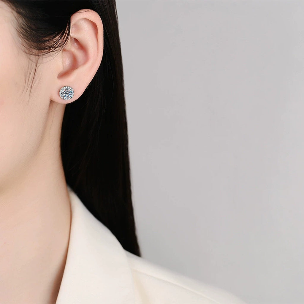 Round Bezel Moissanite Stud Earrings with CZ in White Gold-Plated S925 worn on ear by model