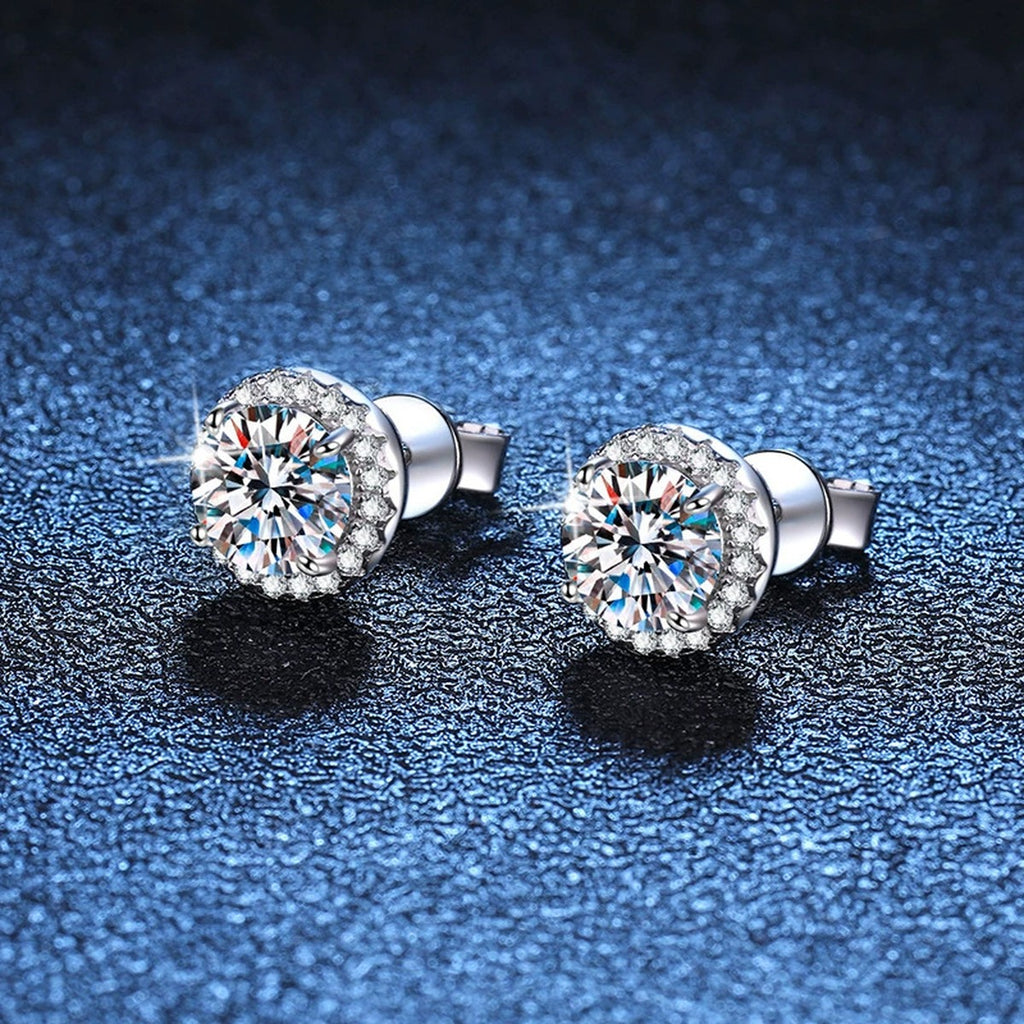 Round Bezel Moissanite Stud Earrings with CZ in White Gold-Plated S925 blue scene product view