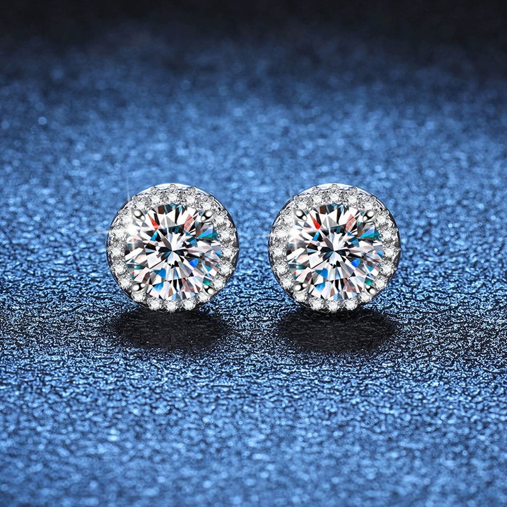 Round Bezel Moissanite Stud Earrings with CZ in White Gold-Plated S925 blue scene angled view