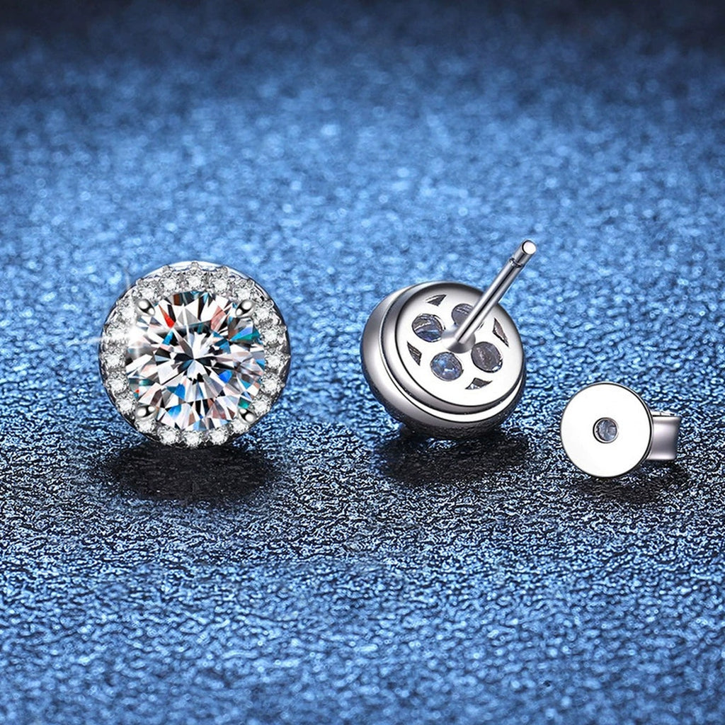 Round Bezel Moissanite Stud Earrings with CZ in White Gold-Plated S925 blue scene close-up view