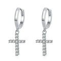 Cross Moissanite Hoop Earrings in White Gold-Plated S925 Sterling Silver on clean white background showing the pair and slim hoop earrings with a dangling cross charm set with moissanite