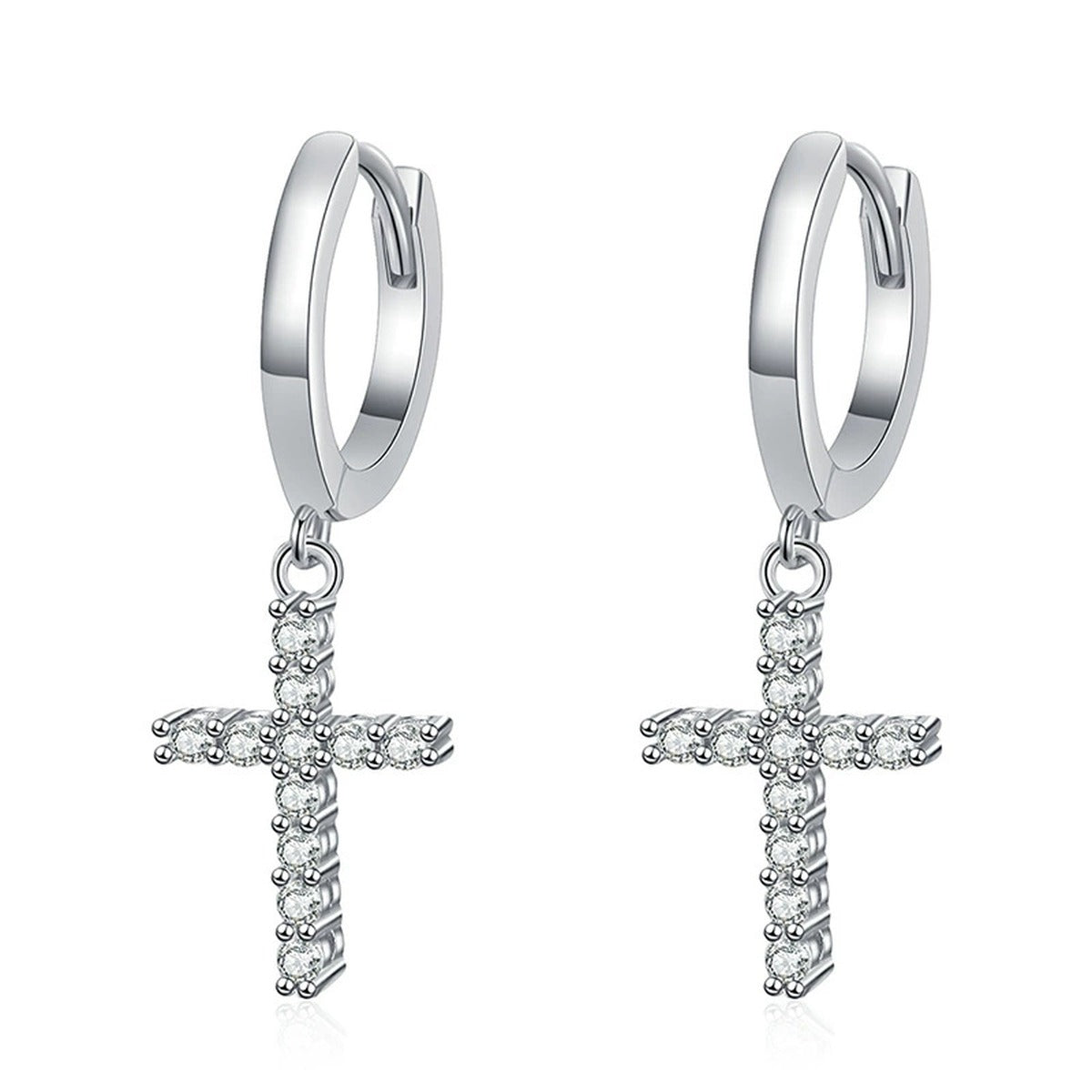 Cross Moissanite Hoop Earrings in White Gold-Plated S925 Sterling Silver on clean white background showing the pair and slim hoop earrings with a dangling cross charm set with moissanite