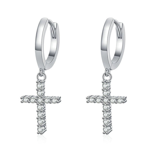 Cross Moissanite Hoop Earrings in White Gold-Plated S925 Sterling Silver on clean white background showing the pair and slim hoop earrings with a dangling cross charm set with moissanite