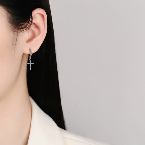Cross Moissanite Hoop Earrings in White Gold-Plated S925 Sterling Silver worn on ear by model