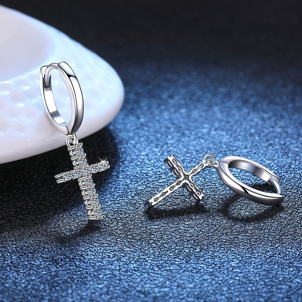 Cross Moissanite Hoop Earrings in White Gold-Plated S925 Sterling Silver blue scene product view