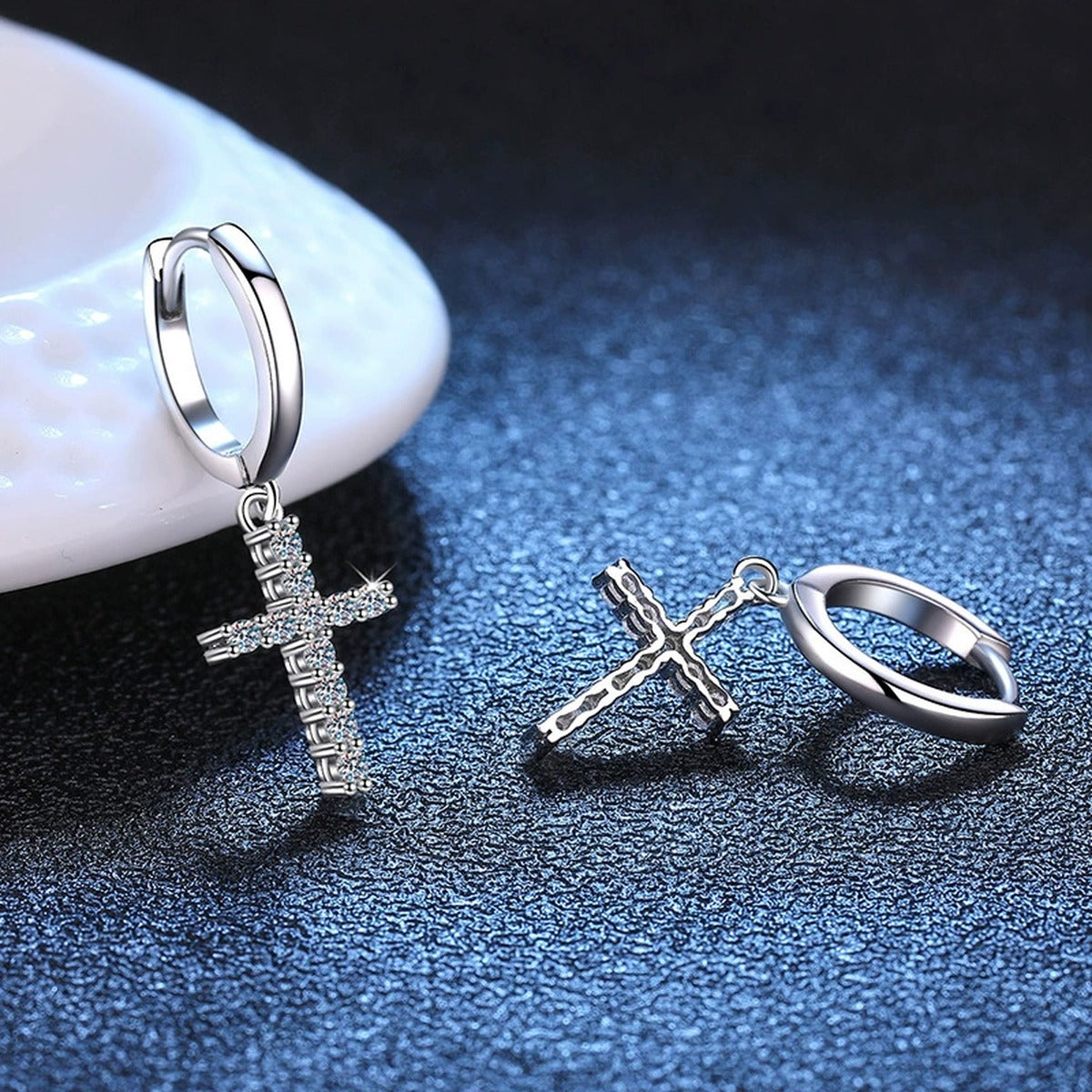 Cross Moissanite Hoop Earrings in White Gold-Plated S925 Sterling Silver blue scene product view