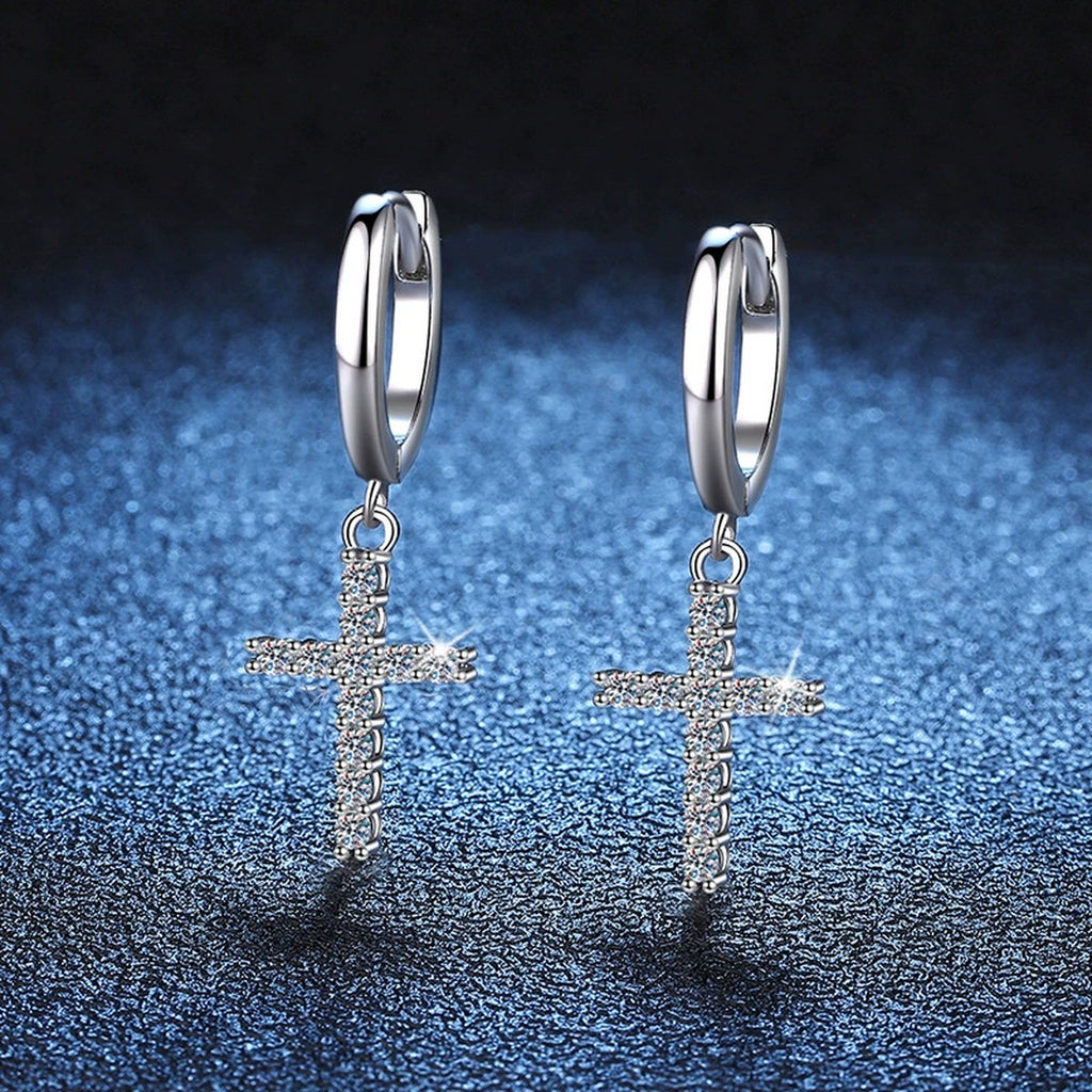 Cross Moissanite Hoop Earrings in White Gold-Plated S925 Sterling Silver blue scene angled view