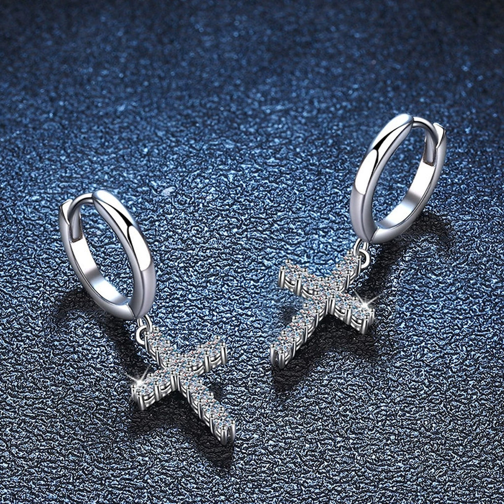 Cross Moissanite Hoop Earrings in White Gold-Plated S925 Sterling Silver blue scene close-up view