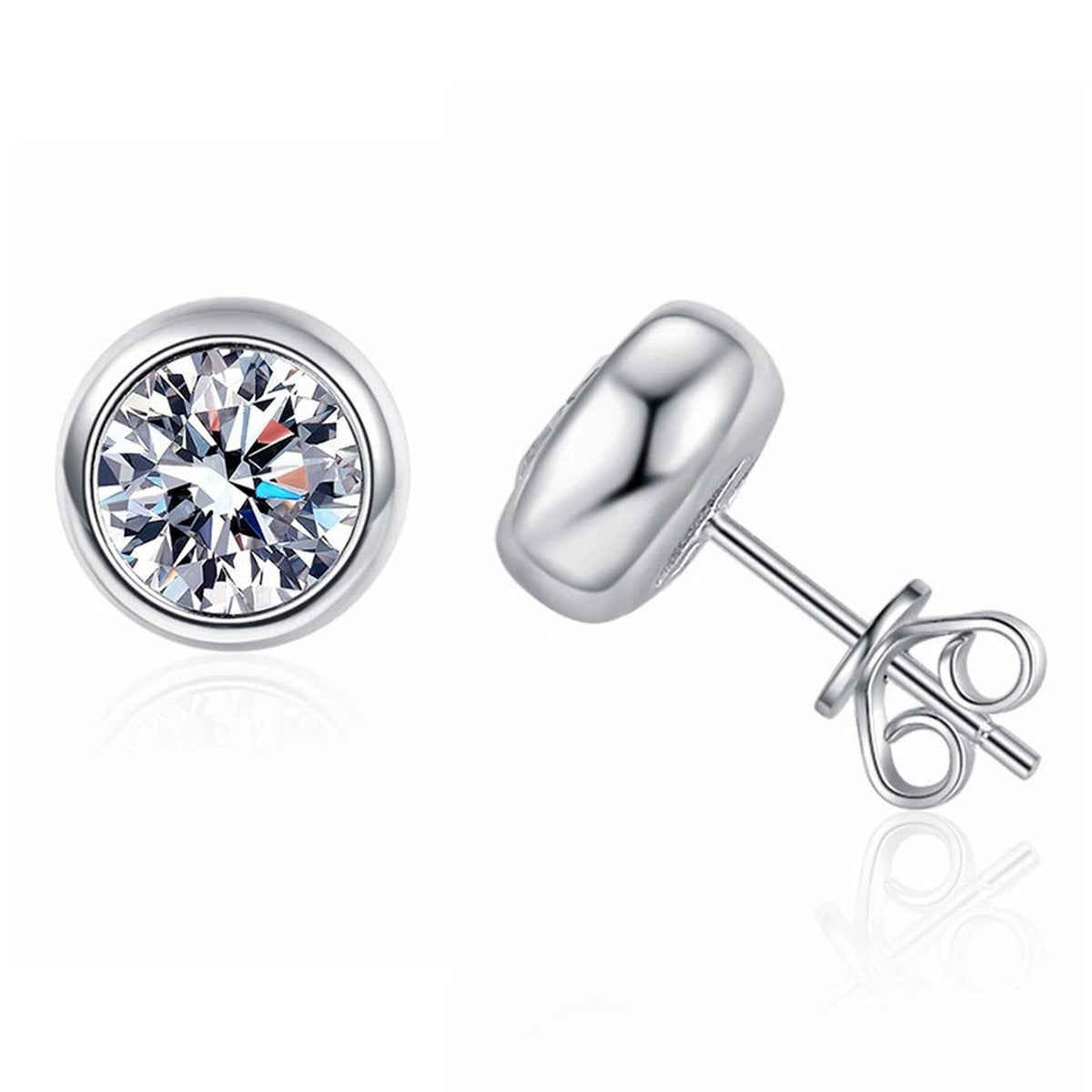 Bezel Moissanite Stud Earrings in White Gold-Plated S925 Sterling Silver on clean white background showing the pair and minimal round bezel stud earrings with smooth polished sides
