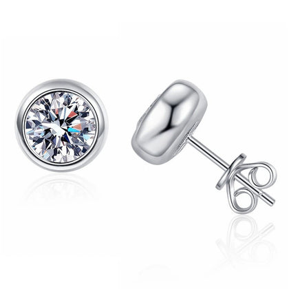 Bezel Moissanite Stud Earrings in White Gold-Plated S925 Sterling Silver on clean white background showing the pair and minimal round bezel stud earrings with smooth polished sides