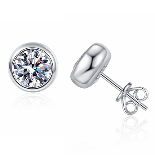Bezel Moissanite Stud Earrings in White Gold-Plated S925 Sterling Silver on clean white background showing the pair and minimal round bezel stud earrings with smooth polished sides