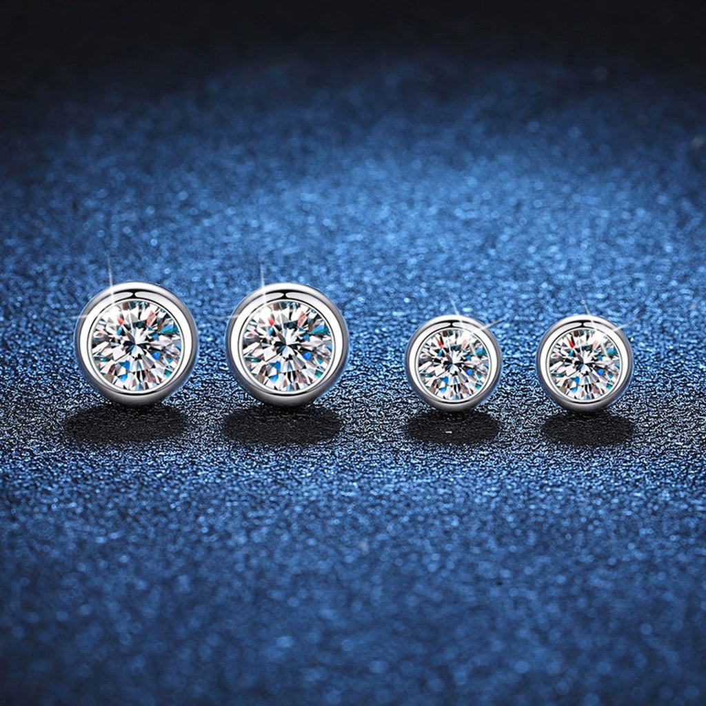 Bezel Moissanite Stud Earrings in White Gold-Plated S925 Sterling Silver blue scene product view